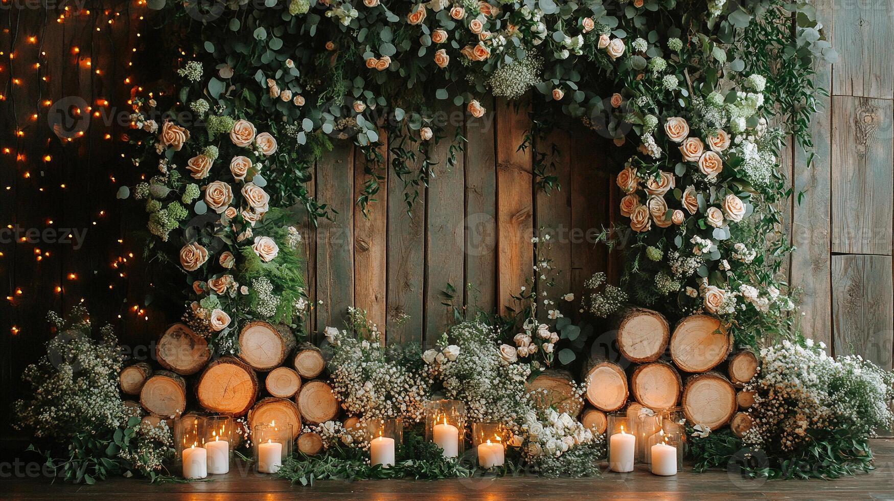 Enchanting Rustic Wedding Photography Backdrop with Peach Roses, Eucalyptus, Wood Log Details and Glowing Candles Against Reclaimed Wooden Wall with Warm String Lights photo
