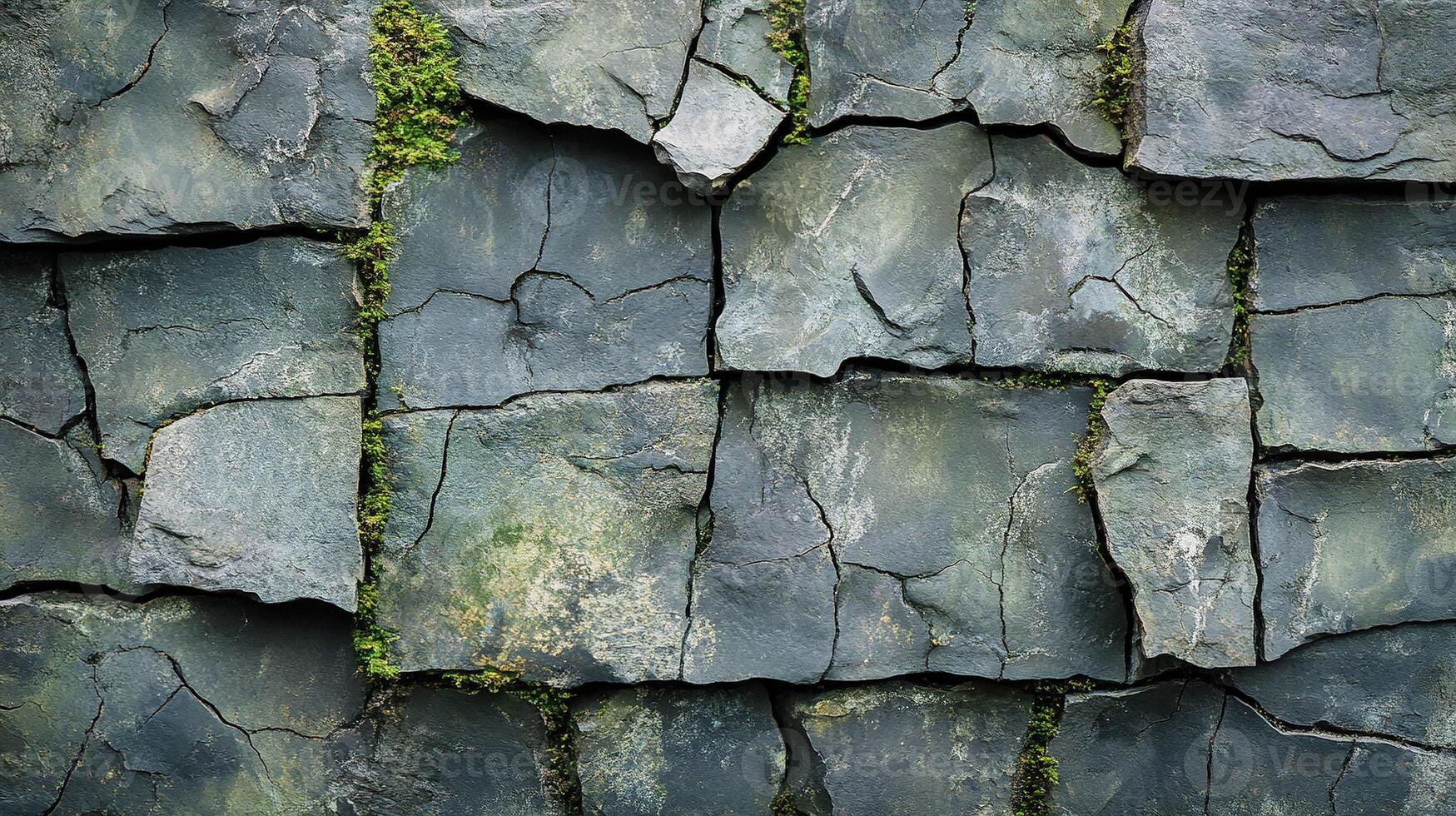 Weathered Stone Wall with Deep Cracks and Growing Moss in Natural Patterned Texture for Background, Design, or Architectural Detail photo