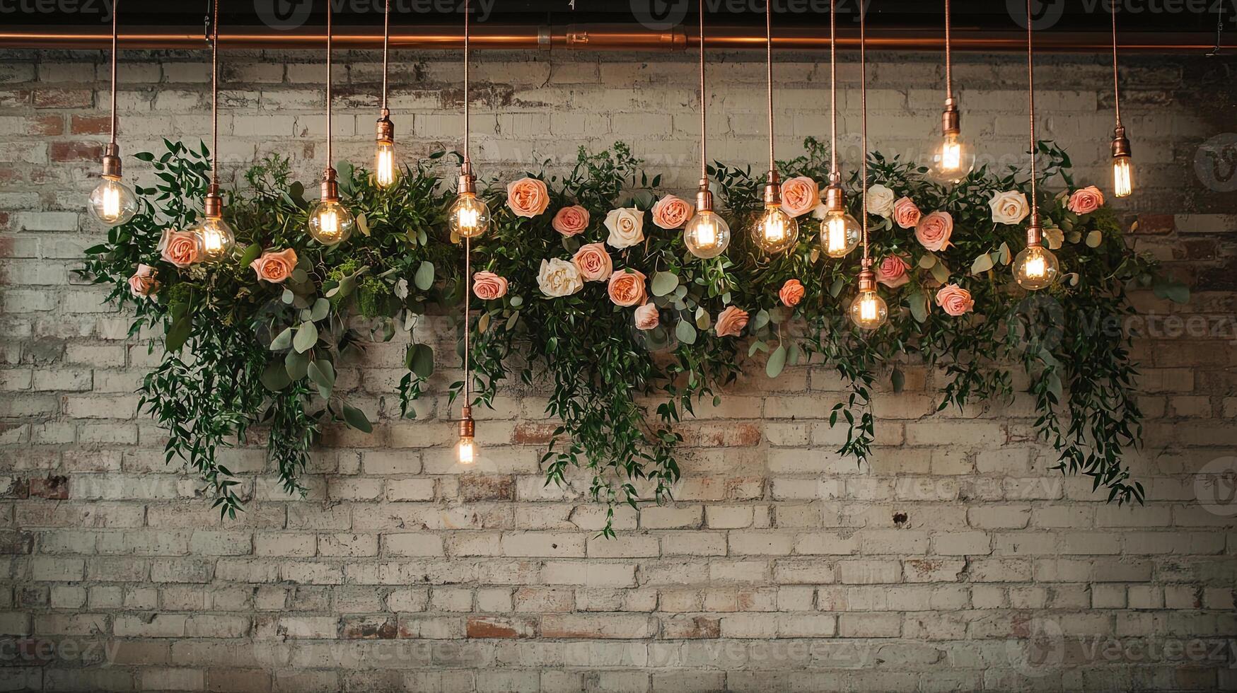Rustic Industrial Wedding Backdrop with Hanging Light Bulbs on Copper Wires and Romantic Blush Pink Rose Greenery Installation Against Whitewashed Brick Wall photo
