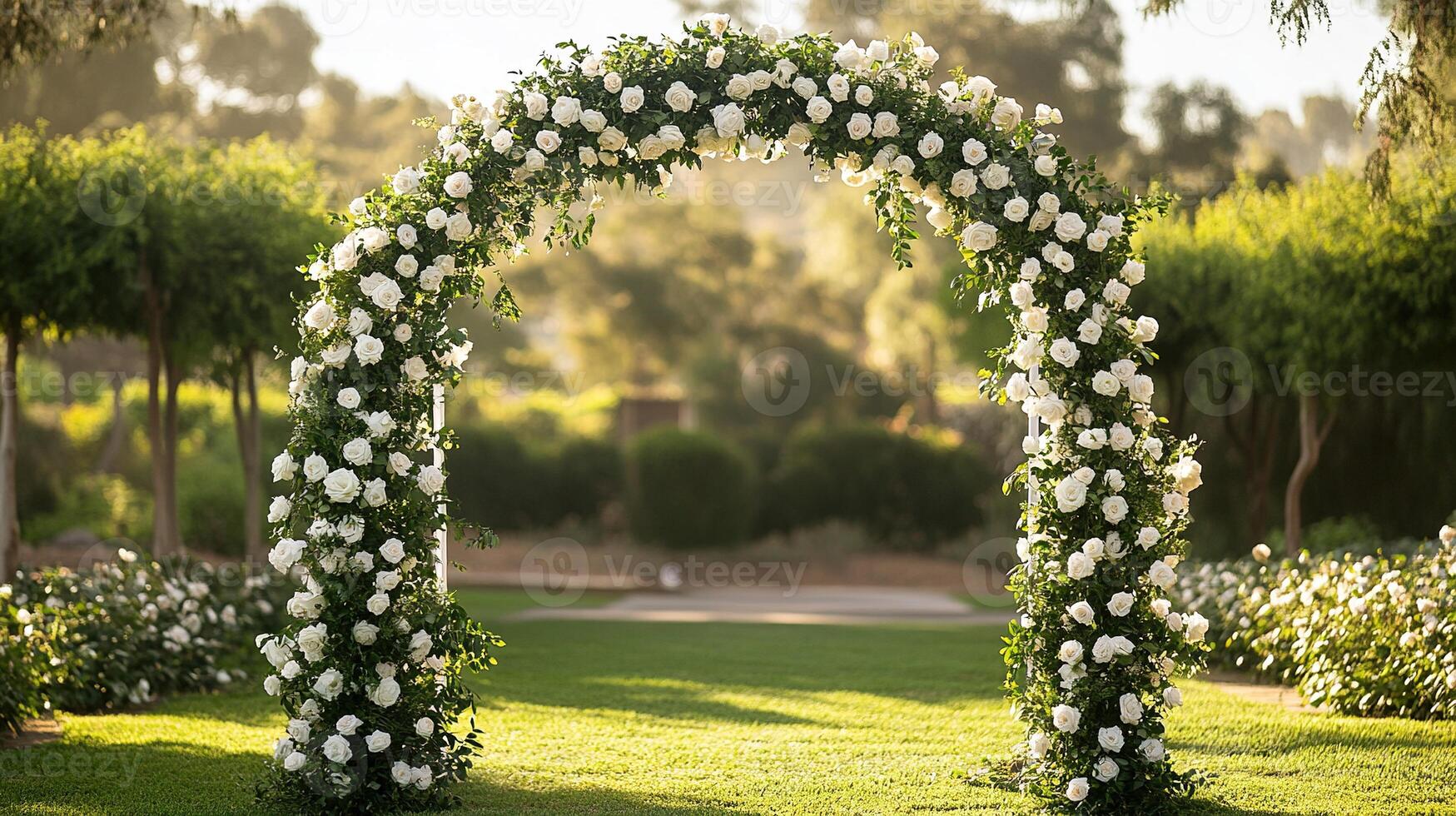 Elegant White Rose Wedding Arch in a Sunlit Garden Setting with Lush Green Foliage and Glowing Golden Hour Light photo