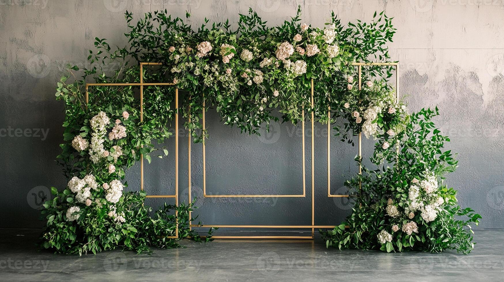 Romantic Wedding Backdrop with Gold Geometric Frames and Abundant White and Blush Floral Arrangements photo