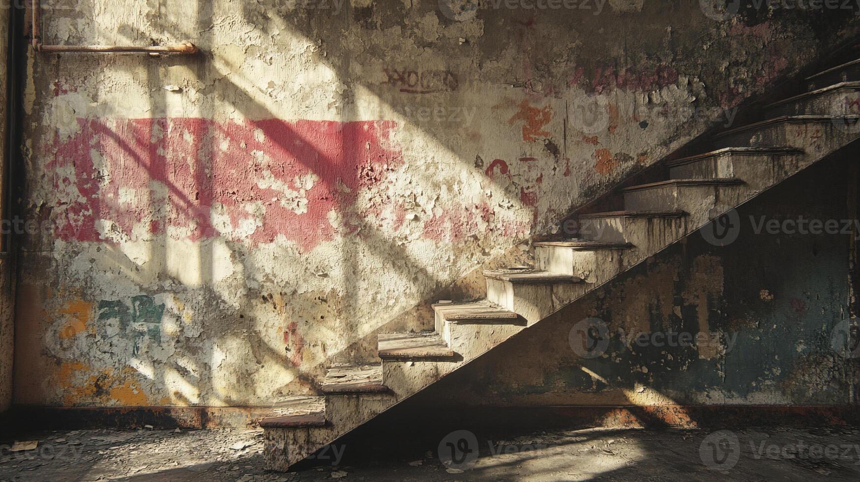 Dilapidated Staircase in Abandoned Building with Sunlight Casting Shadows on Weathered Wall with Faded Red Graffiti and Peeling Paint photo