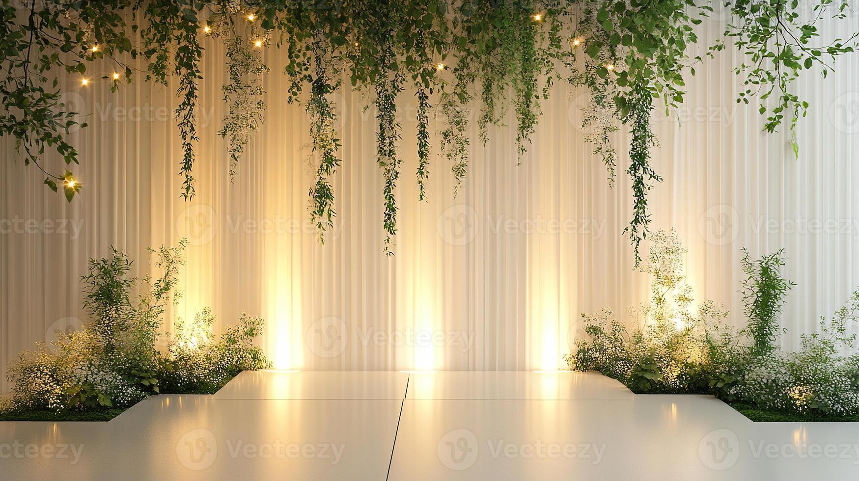 Elegant Minimalist Wedding Backdrop with Hanging Greenery, Ambient Uplighting, and White Floral Arrangements on a Soft Draped Curtain Wall photo