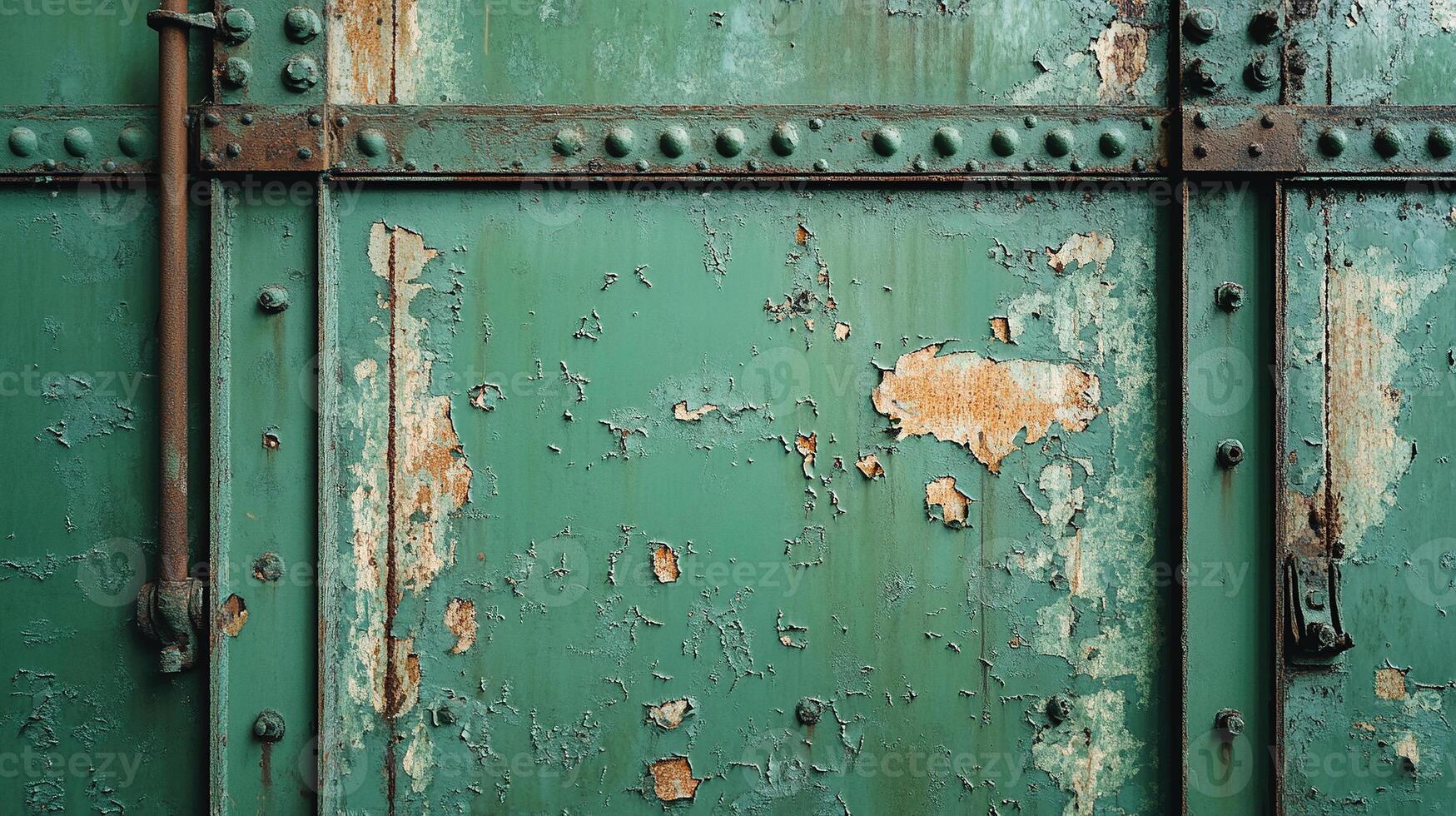 Close-Up of Weathered Industrial Metal Wall with Green Paint Peeling Off, Rust Stains, and Rows of Rivets and Structural Beams photo