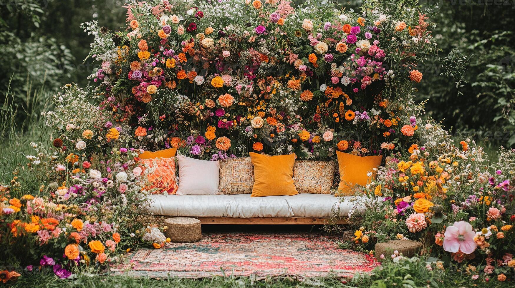 Luxurious Outdoor Wedding Lounge Area with Rustic Wooden Bench, Decorative Pillows, and Spectacular Floral Wall Installation Featuring Roses, Dahlias, and Wildflowers in Vibrant Summer Colors photo
