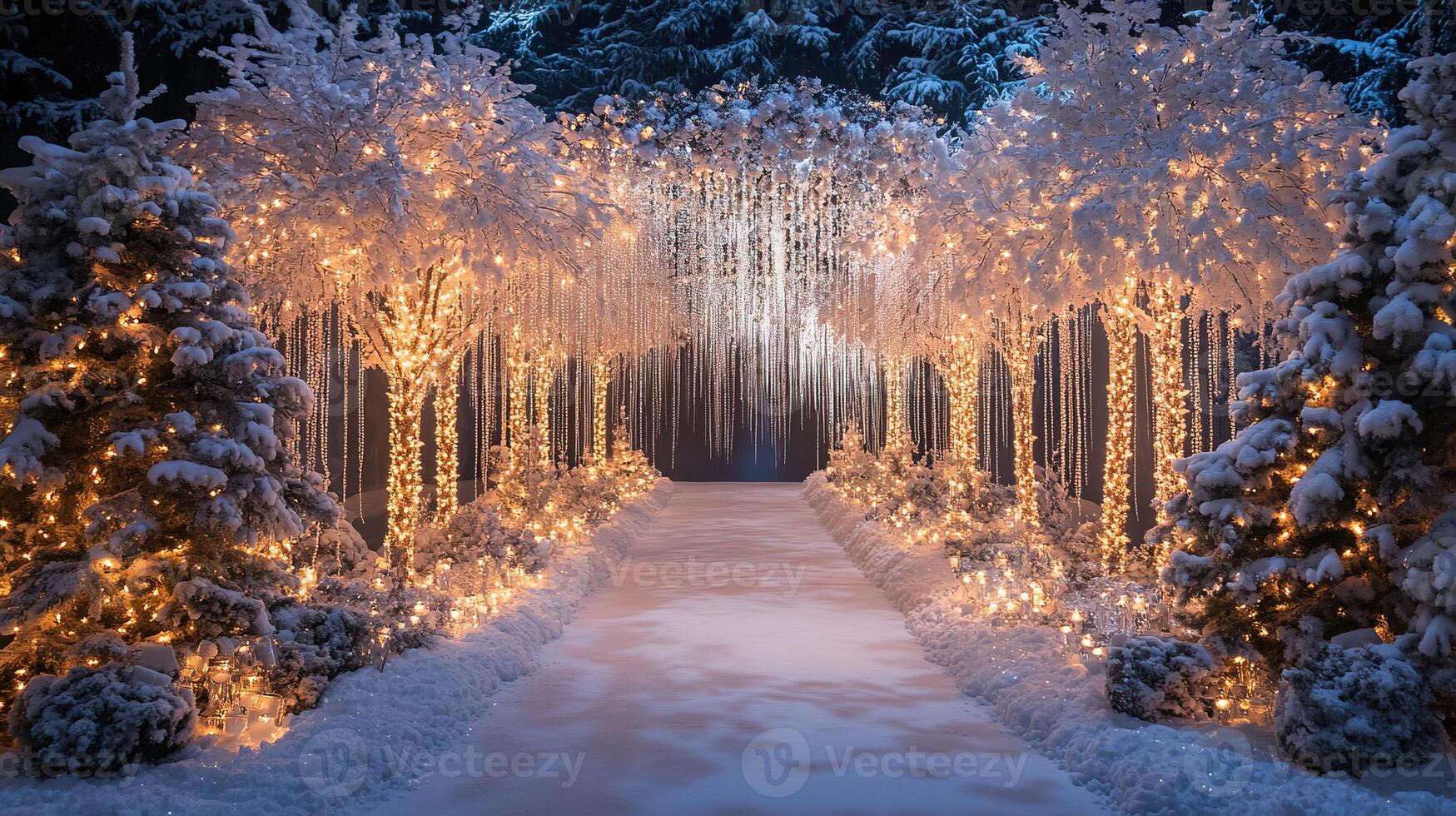 Fairytale Winter Wonderland Wedding Pathway Adorned with Snowy Trees and Cascading Warm White String Lights photo