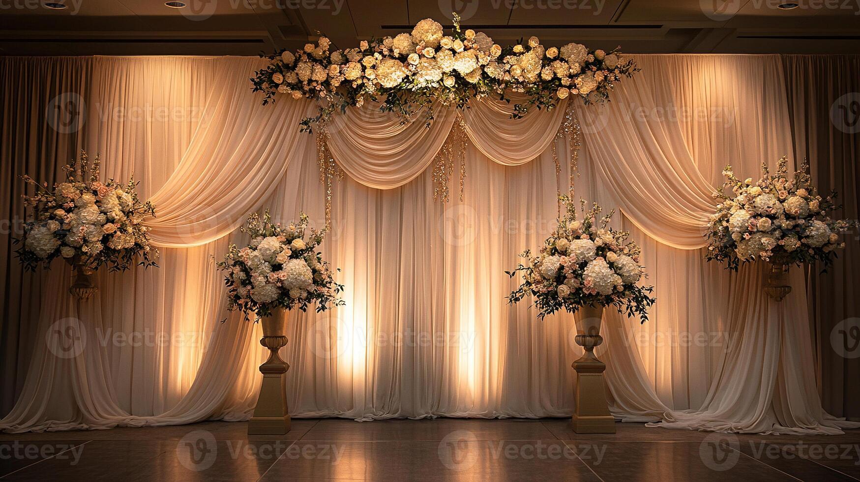 Luxury Wedding Ceremony Backdrop with Elegant Ivory Drapery, Dramatic Floral Arrangements, and Warm Ambient Lighting photo