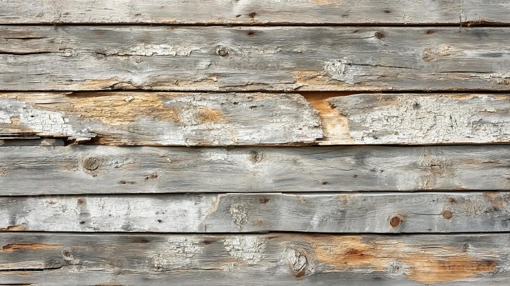 Rustic Weathered Wooden Planks with Peeling Paint, Natural Wood Grain Texture, and Knots Showing Age and Distress Patterns photo