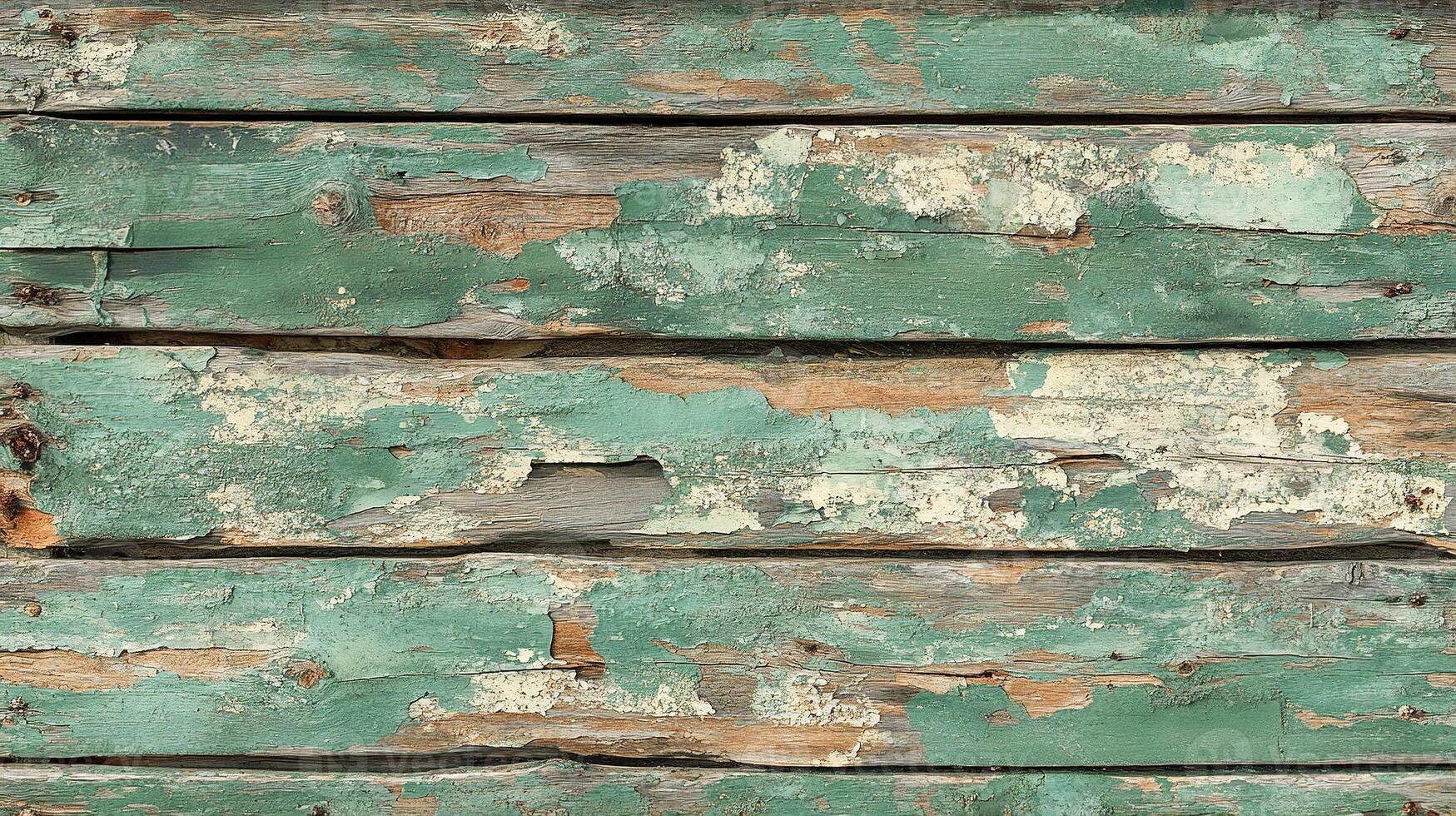 Vintage Vertical Wood Planks with Flaking Teal Green Paint, Weathered Texture Showing Natural Wood Grain, and Time-Worn Character photo