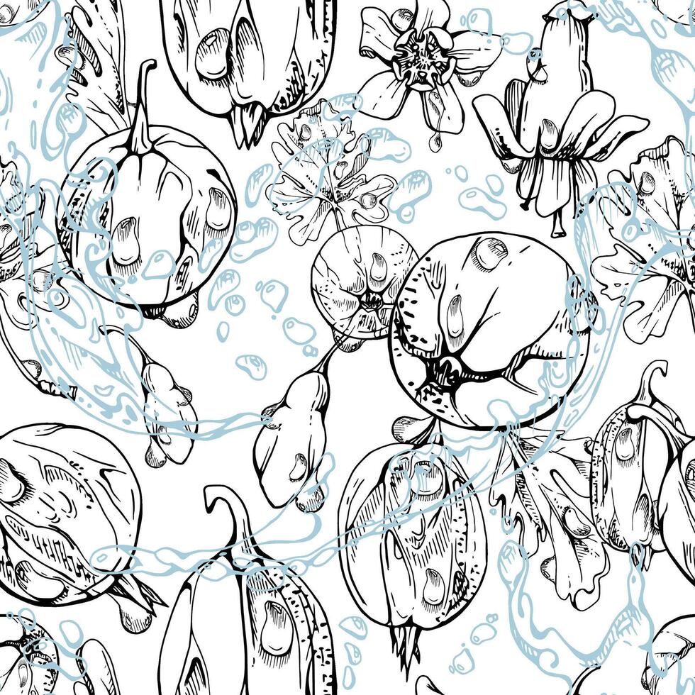 Gooseberry Currant berries flying in water splash, green leaves and dew drops, ripe garden juneberry casseille jostaberry. Isolated seamless pattern hand drawn in ink. Fabric, wrapping paper vector