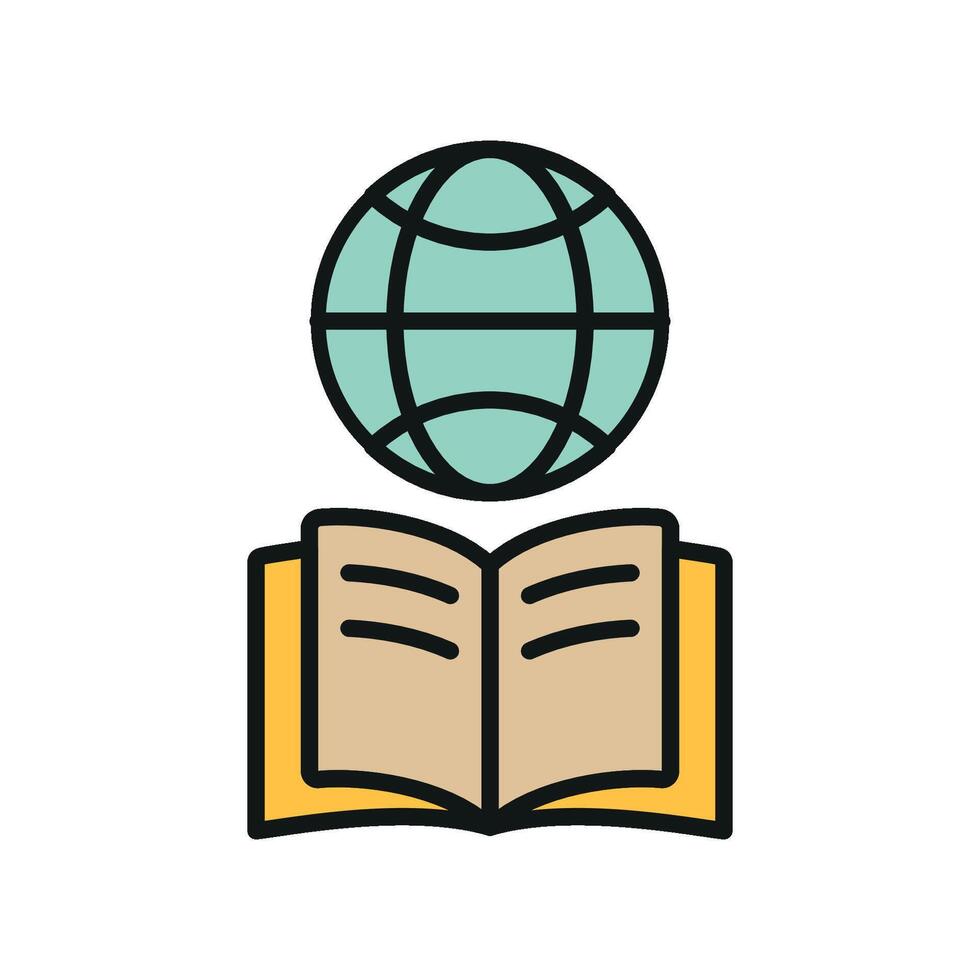Book with world globe icon reflects knowledge sharing and global understanding ideal for cross-cultural education and knowledge dissemination vector