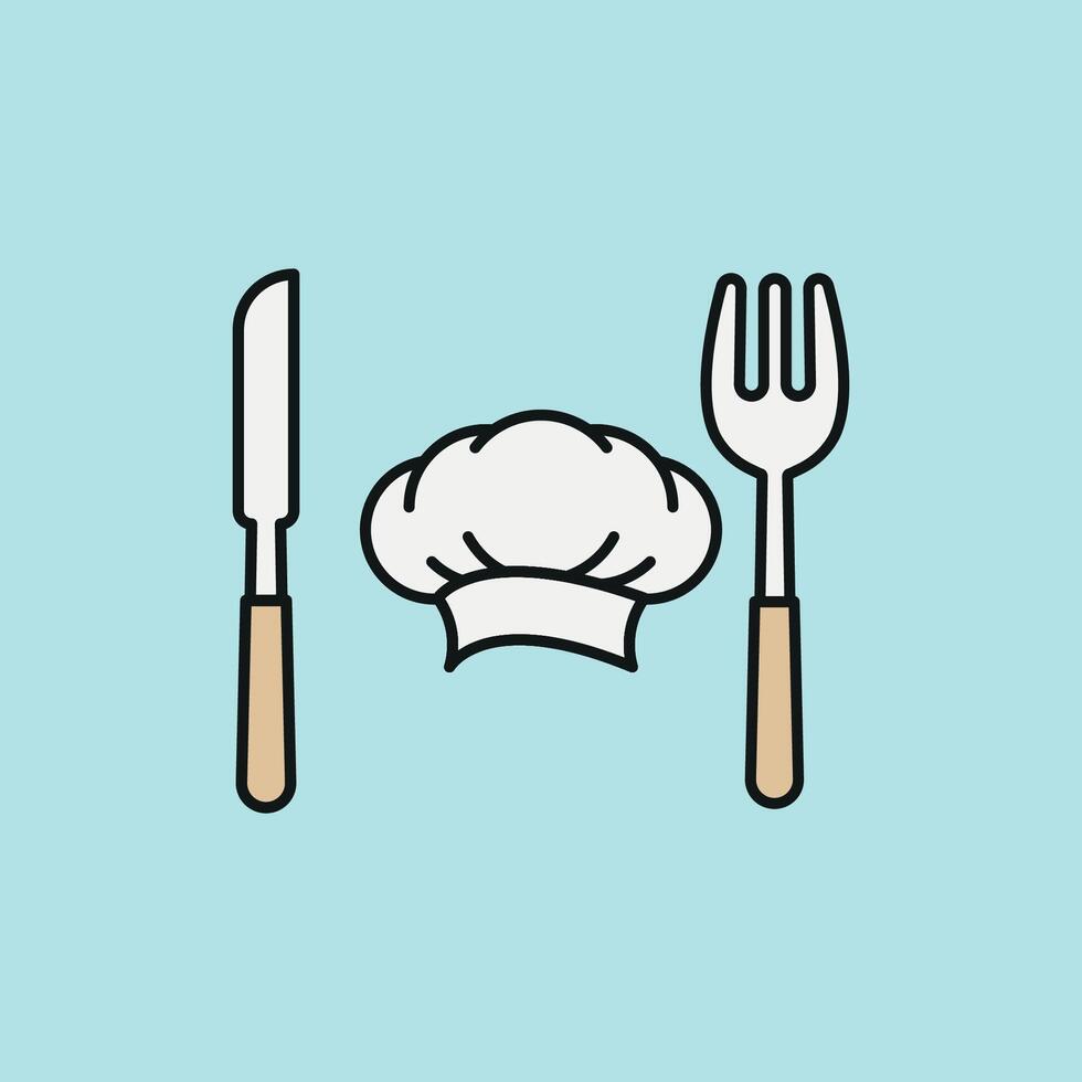 Chef hat and fork knife icon highlights cooking mastery, tableware, and food culture, perfect for culinary blogs and menu designs vector