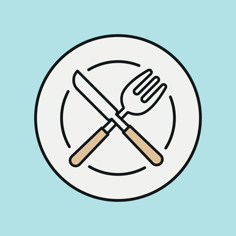 Fork knife and plate icon set symbolizes mealtime setup used in culinary illustrations and food service branding vector