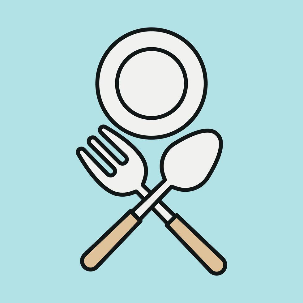 Spoon fork plate icon set portrays classic table setup perfect for digital menus, cookbooks, and food campaigns vector