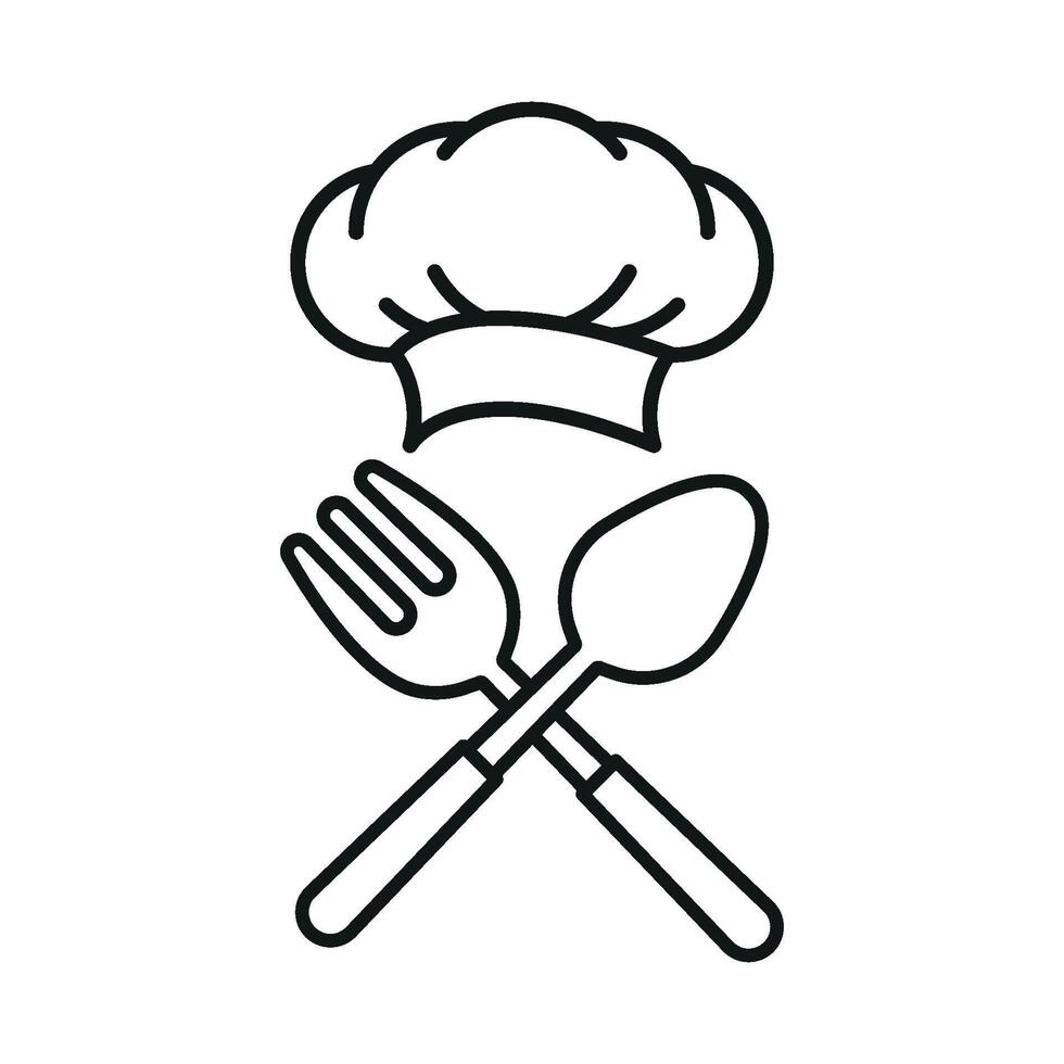 Chef hat and fork spoon icon reflects dining excellence, professional cooking, and meal enjoyment, suitable for restaurant menus and food content vector