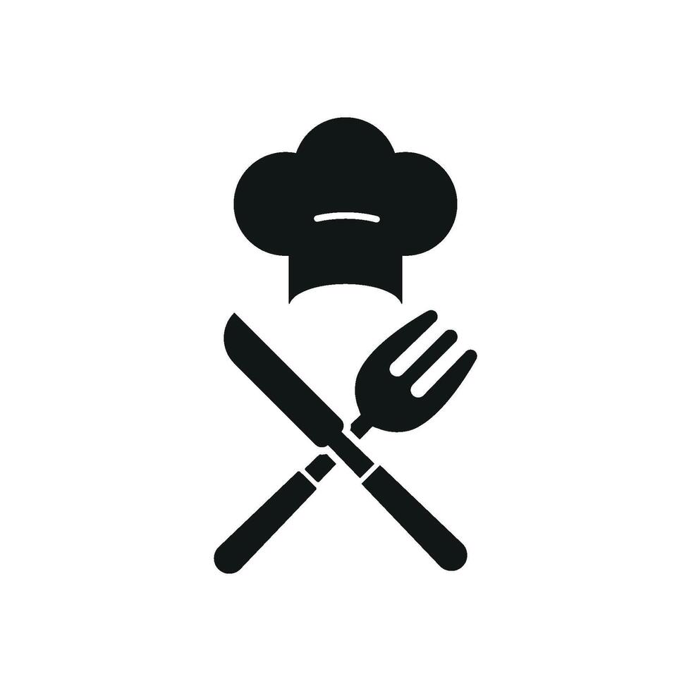 Chef hat and fork knife icon represents the art of cooking, table settings, and fine dining, ideal for culinary logos and cooking apps vector
