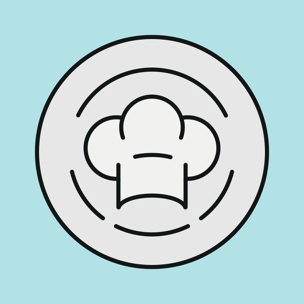 Chef hat and plate set icon reflects expert cooking skills and meal presentation, ideal for food blogs, recipe illustrations, and chef profiles vector