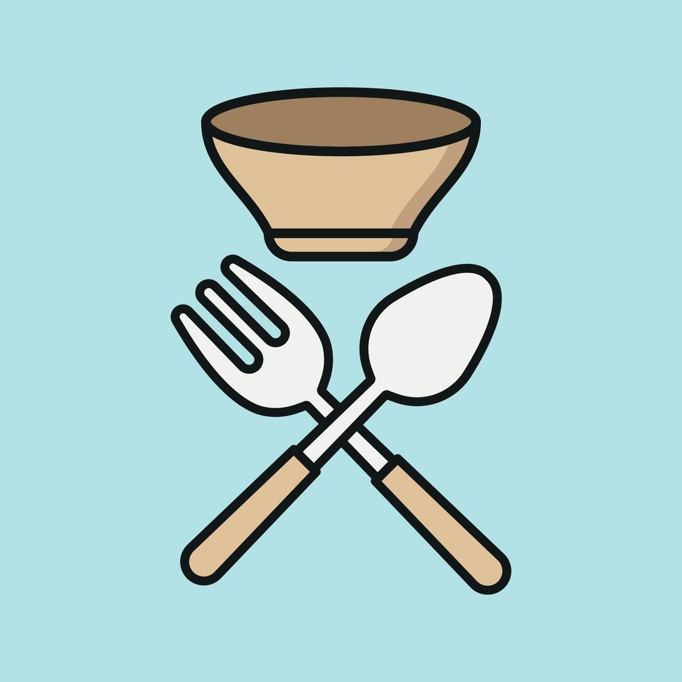 Spoon fork bowl icon set highlights tableware simplicity and functionality ideal for recipe blogs and culinary illustrations vector