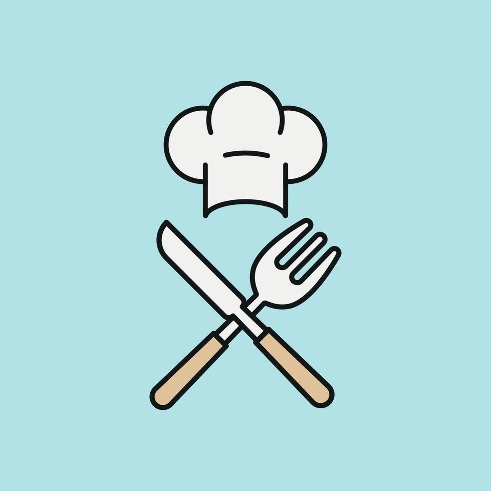 Chef hat and fork knife icon emphasizes cooking excellence, dining tools, and professional kitchen skills suitable for food-related branding vector