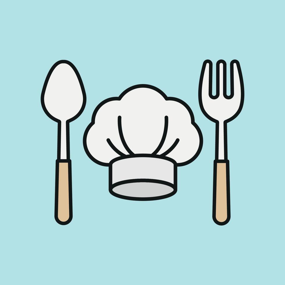 Chef hat and fork spoon icon symbolizes cooking skills, mealtime essentials, and kitchen professionalism ideal for food service promotions vector