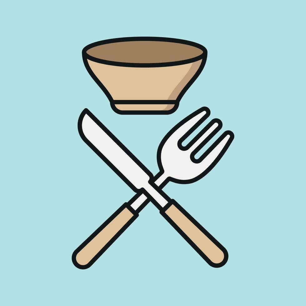 Knife fork and bowl set icon symbolizes mealtime essentials ideal for restaurant branding, food blogs, and recipe illustrations vector