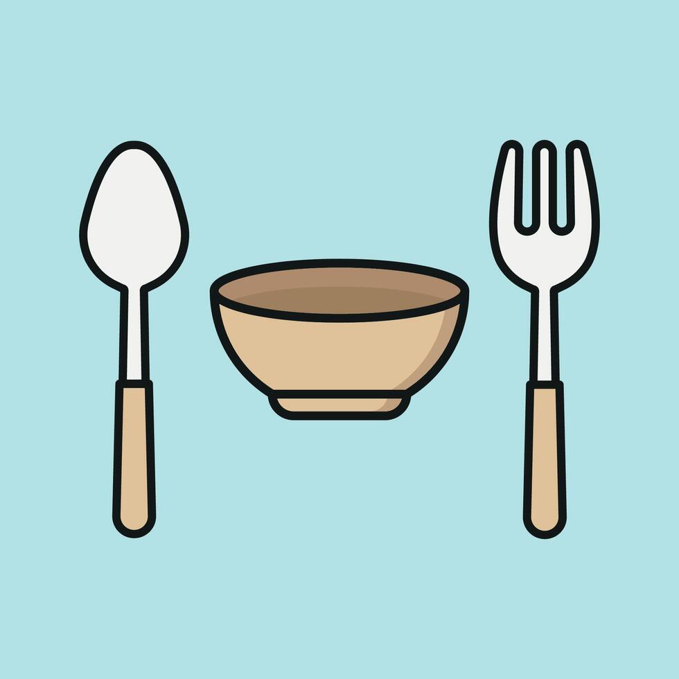Spoon fork bowl icon set represents everyday dining essentials perfect for meal prep visuals and kitchen-related content vector