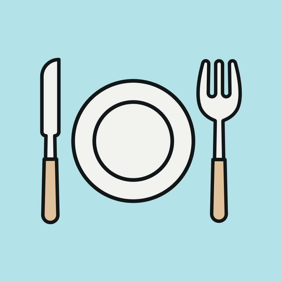 Fork knife and plate icon set portrays practical utensils for everyday use perfect for minimalist table setting designs vector