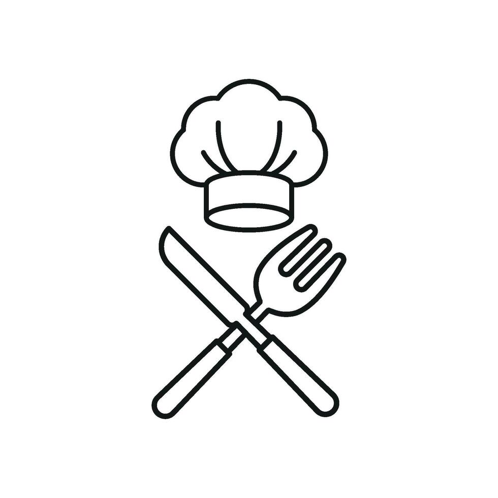 Chef hat and fork knife icon reflects professional cooking, elegant dining, and kitchen precision, perfect for food branding and dining events vector