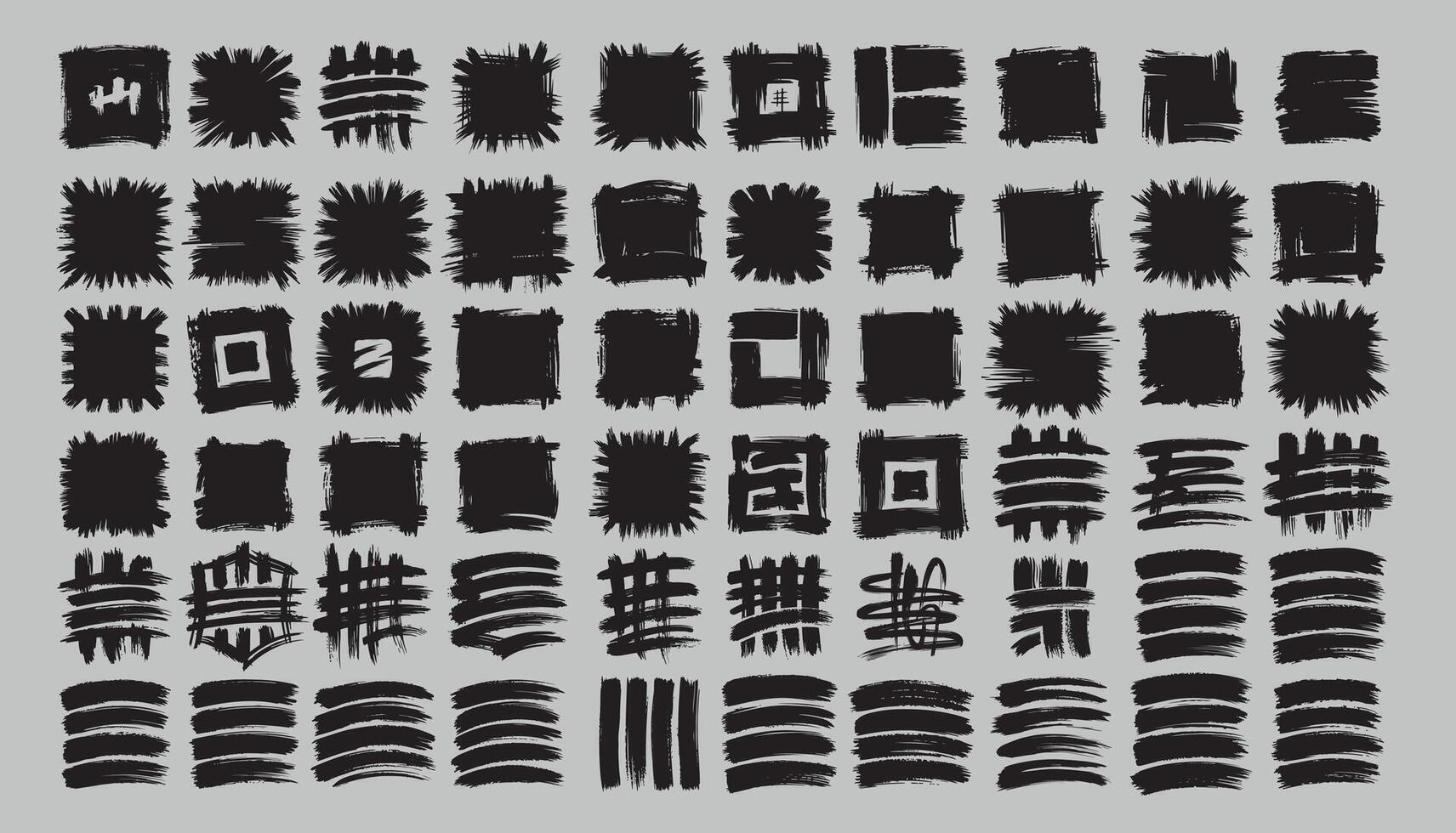 Black grunge touches in the shape of squares. There are 60 pieces in the set. vector