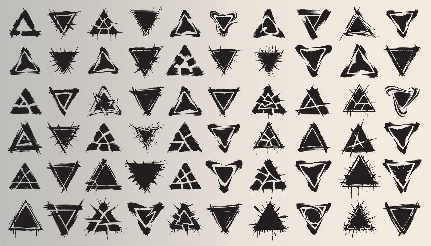 Black grunge strokes in the shape of triangles. Set of 60 pcs. vector