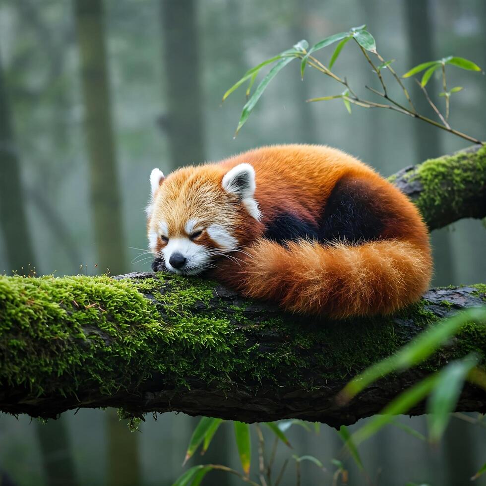 A red panda sleeping on a tree branch photo