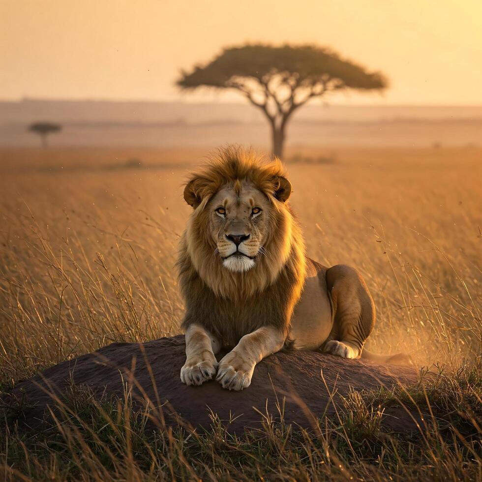 A lion is sitting on a rock in the middle of a field photo