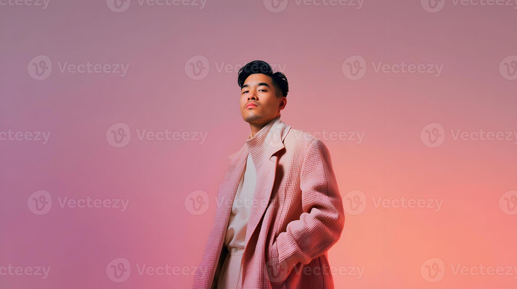 Stylish man with pink blazer poses confidently against an gradient pastel background photo