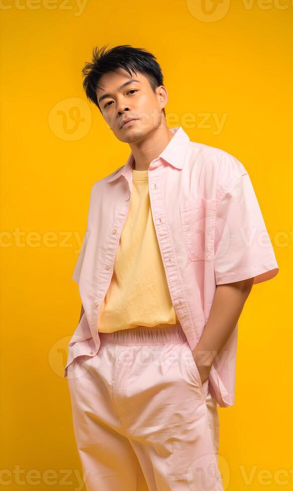 Portrait of a young man in pastel attire against a vibrant yellow background showcases modern style photo