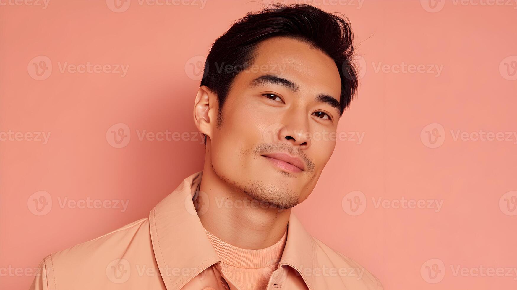 Stylish Portrait of Young Asian Man with Calm Expression Against a Pink Colored Backdrop photo