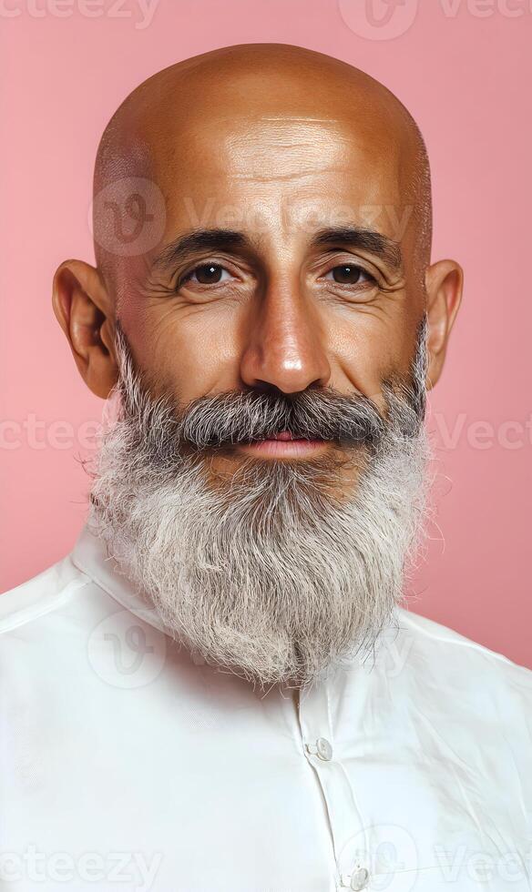 Introspective portrait of a bald man with a graying beard against a soft pink backdrop photo