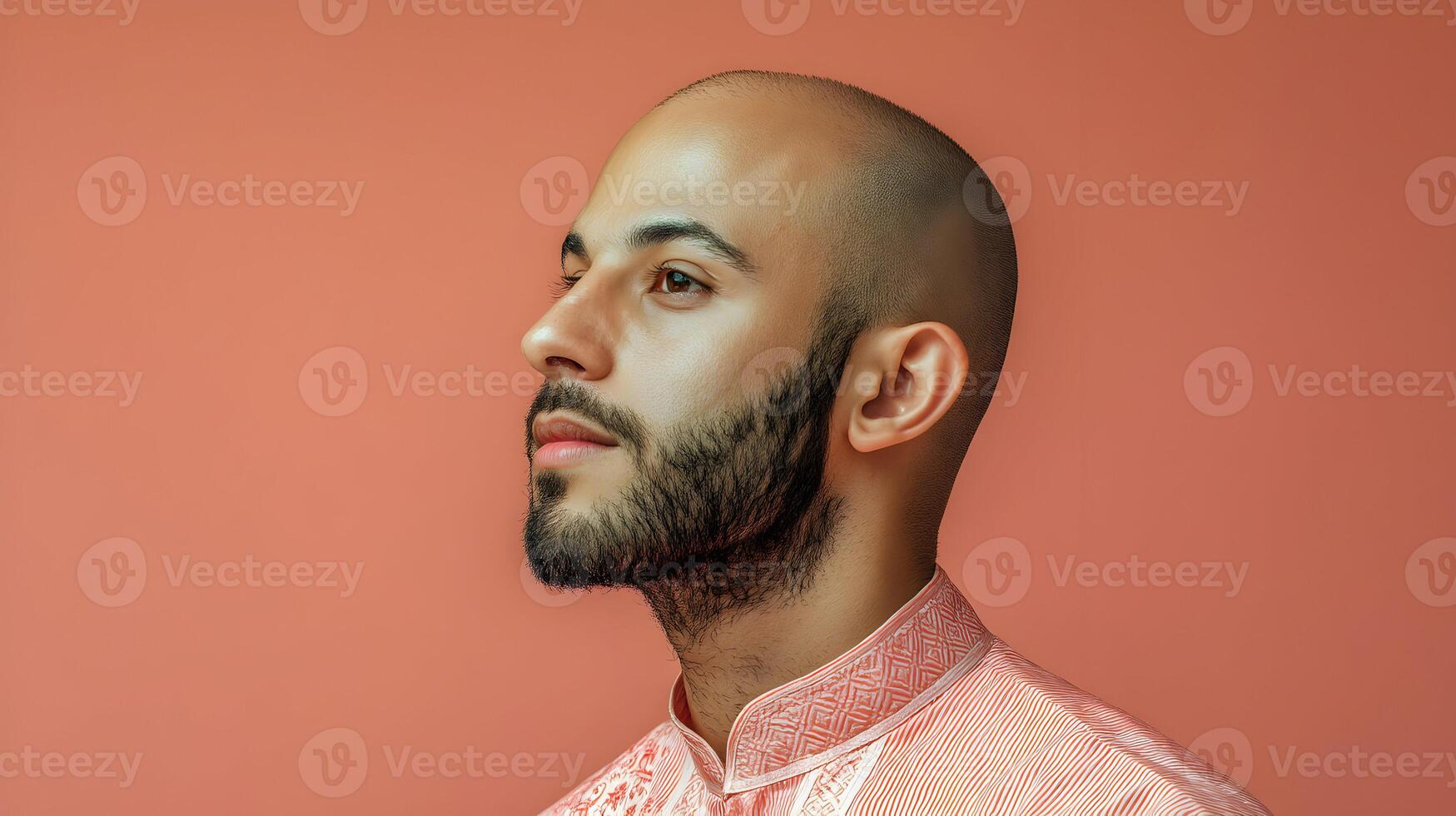 Bald man gazes thoughtfully in profile against a vibrant peach backdrop with confident pose photo