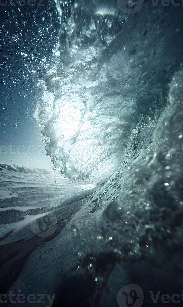 Underwater view of an ocean wave, capturing the abstract nature of water motion photo