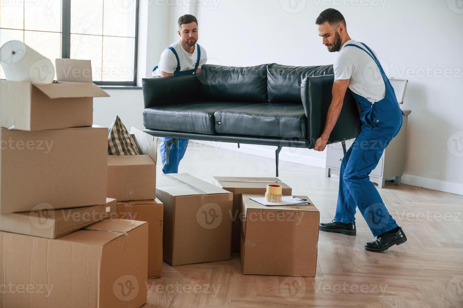 Two moving service employees in a room photo