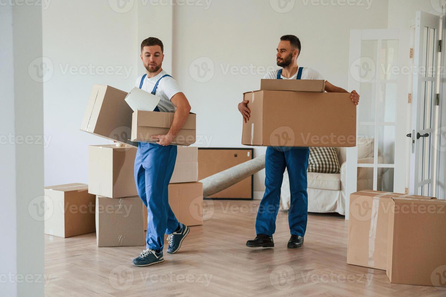 Boxes in hands. ..Two moving service employees in a room photo