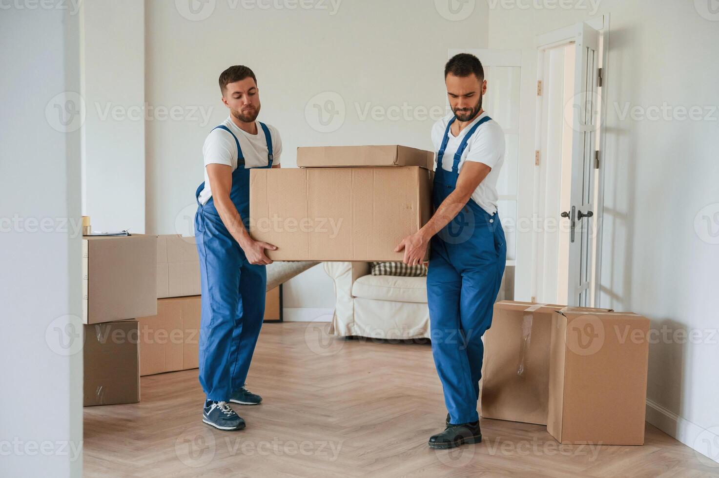 One big heavy box. Two, moving ,service employees in a room photo
