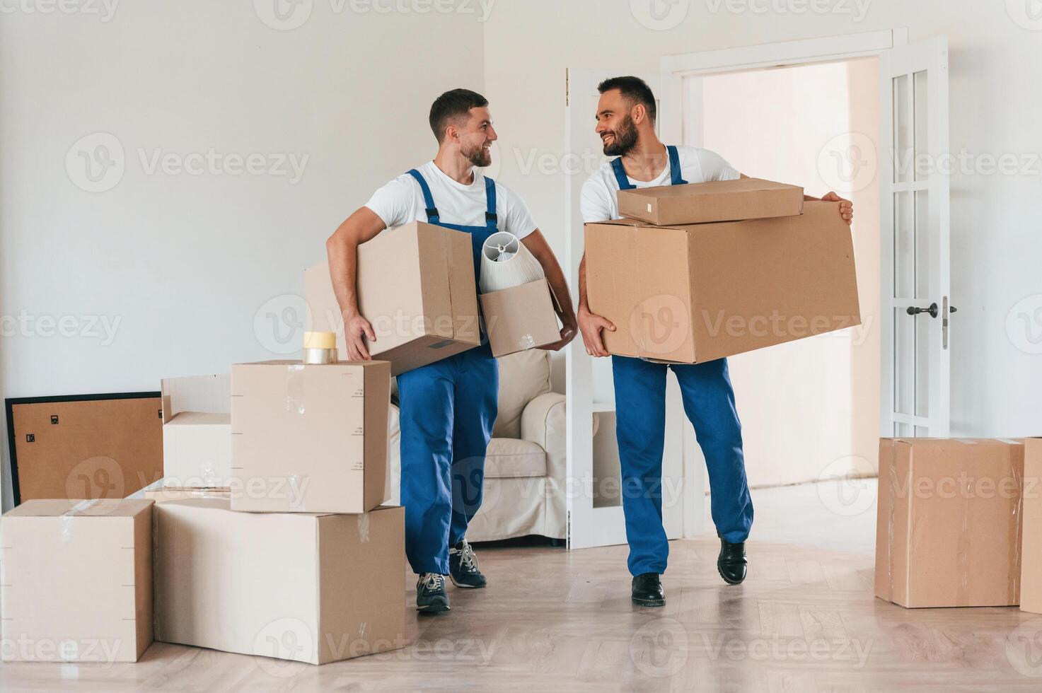 Front ,view,, holding stuff. Two moving service employees in a room photo