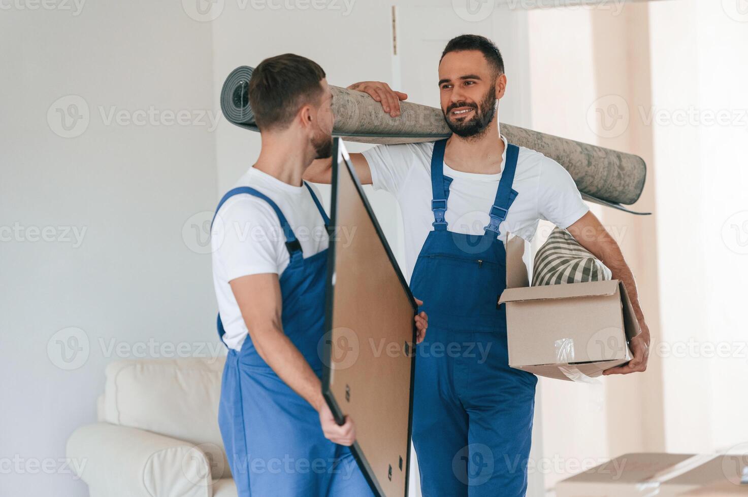 Front view,, holding stuff. Two moving service employees in a room photo