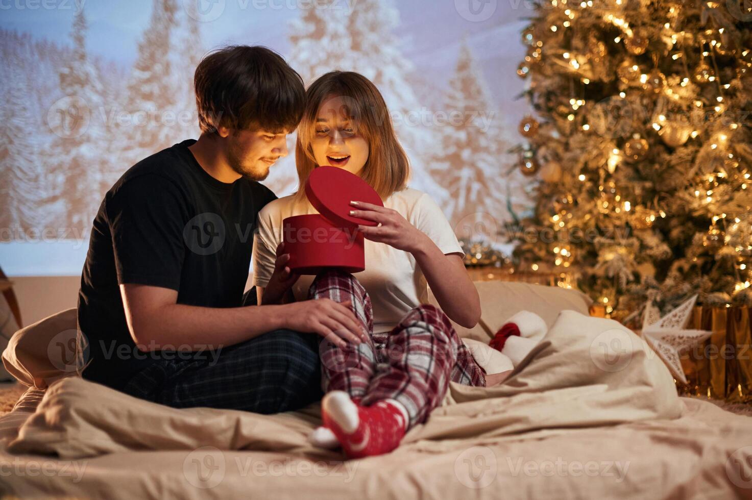 Woman ,is ,opening gift. Beautiful young couple indoors, celebrating new year against projector photo