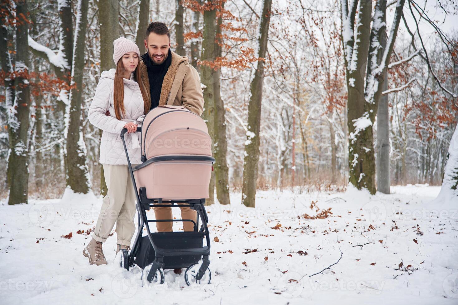 Parents with pram. Lovely, couple, have a walk in the winter forest photo