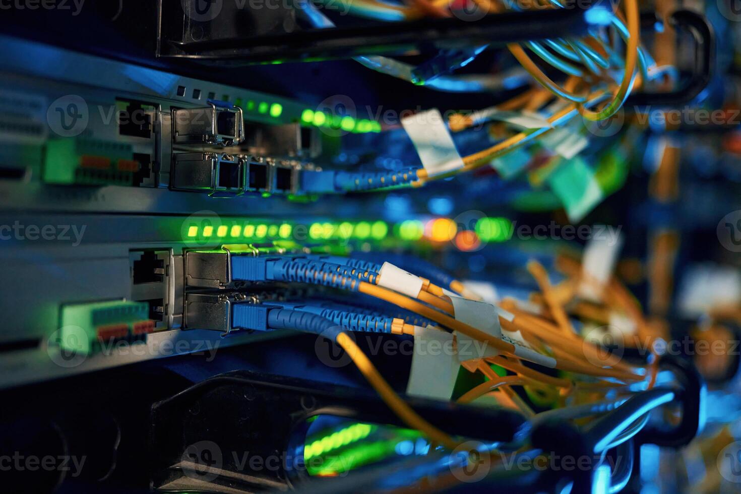 Blue and yellow wires. Close,, up view of hardware in the server room photo