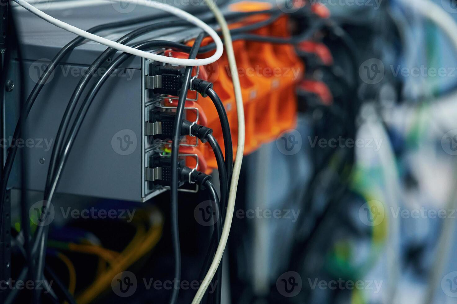 Close up view of hardware and wires in the server room photo