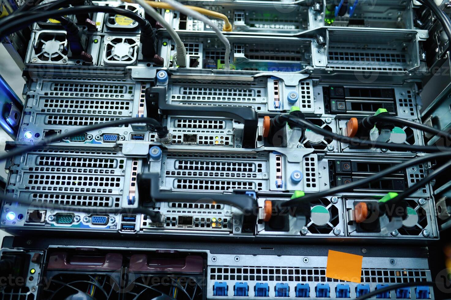 Close, up view of hardware and wires in the server room photo