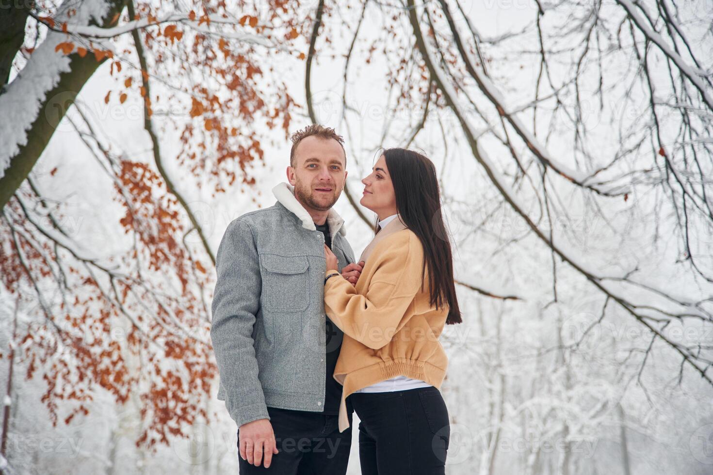 Beautiful couple are, standing together on the snowy field of forest photo