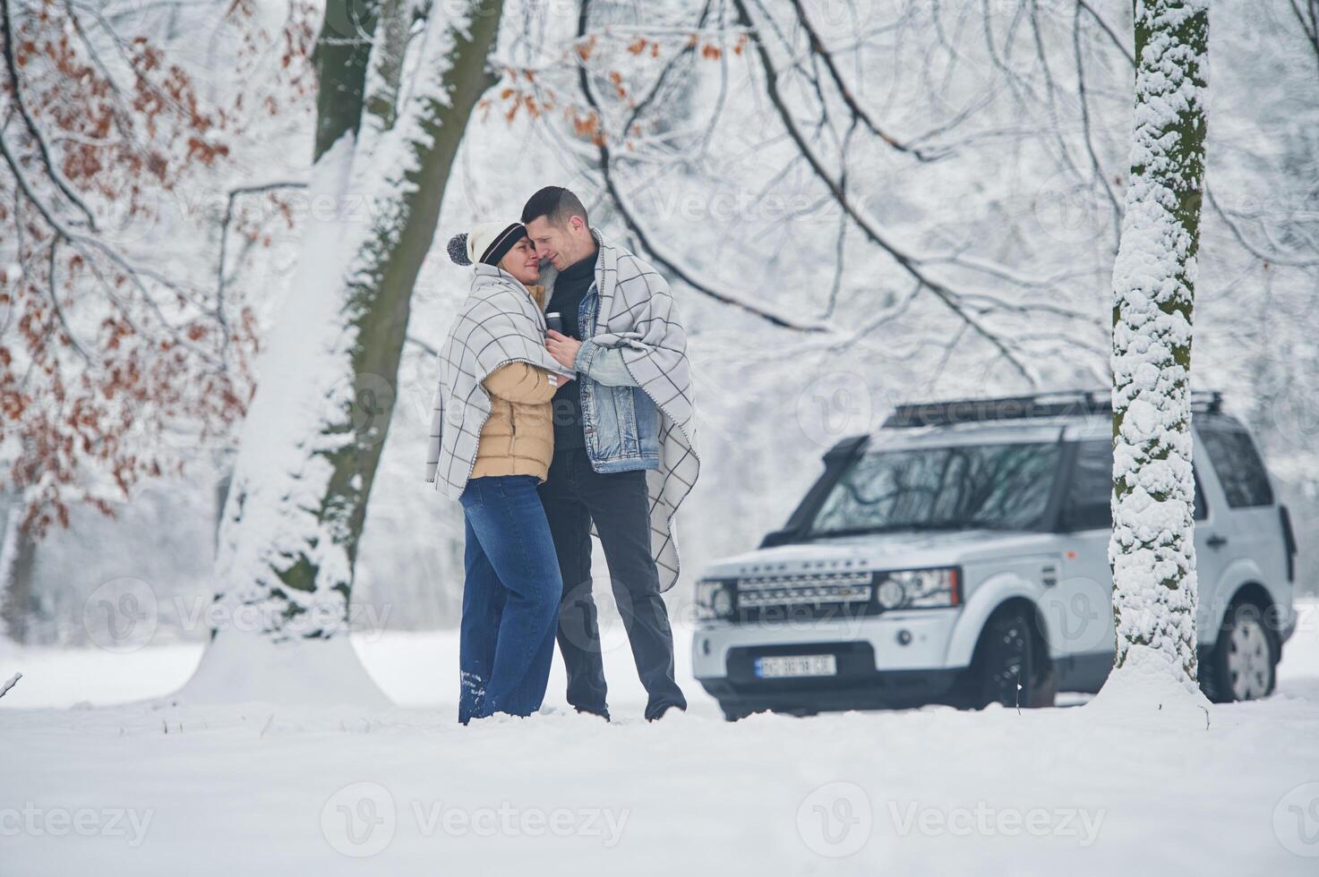 Embracing ,each other. Beautiful couple standing near the car in the winter forest photo